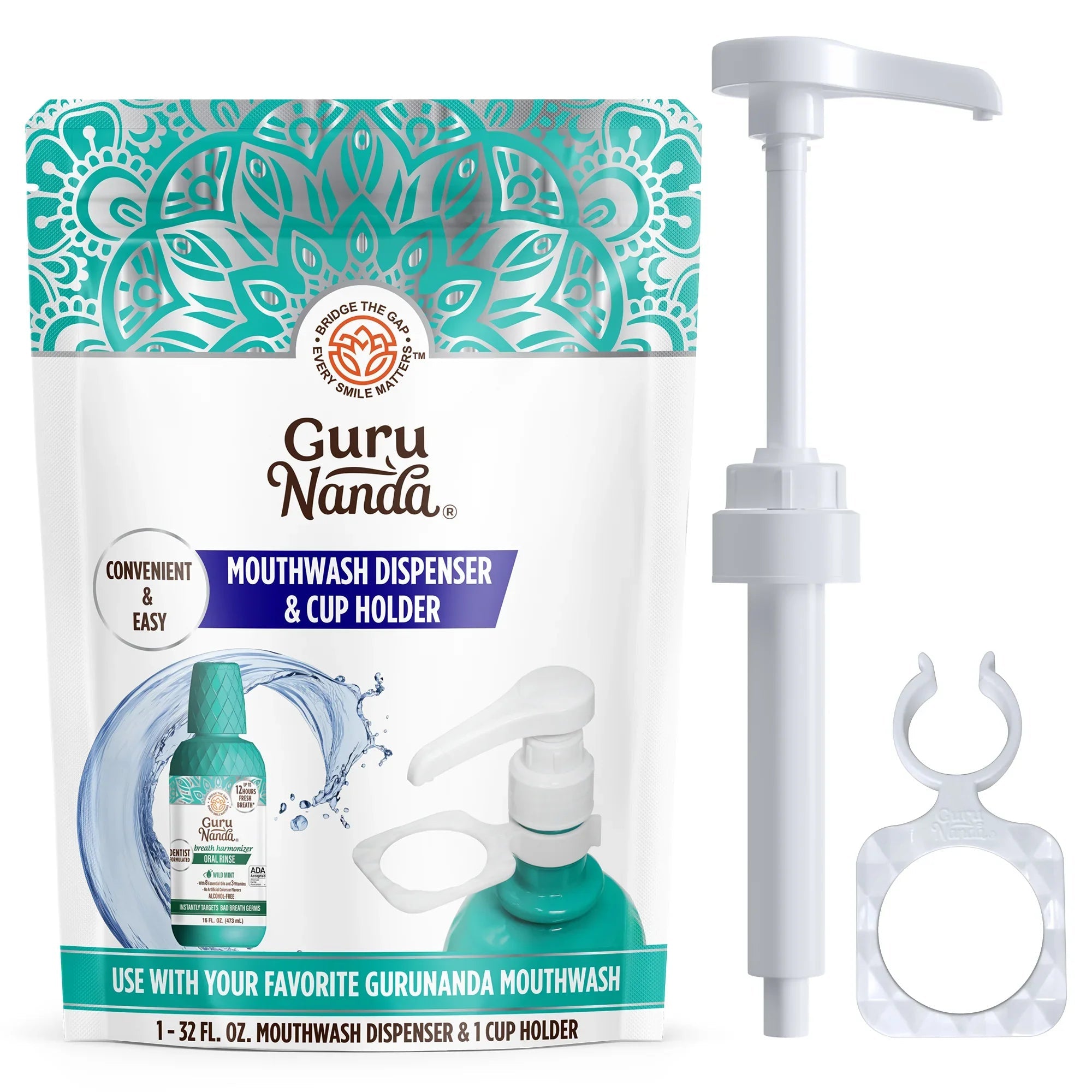 Mouthwash Dispenser Pump and Cup Holder for 16oz & 1L - Professional