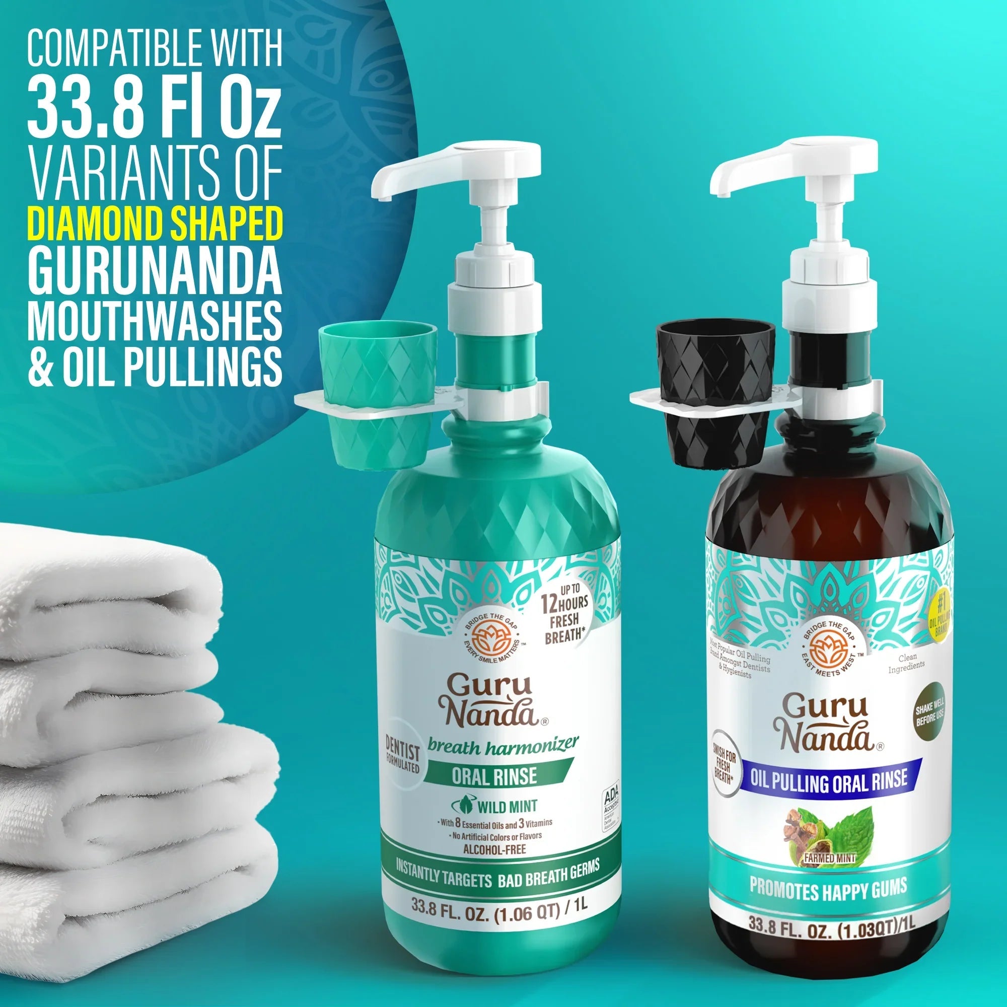 Mouthwash Dispenser Pump and Cup Holder for 16oz & 1L - Professional