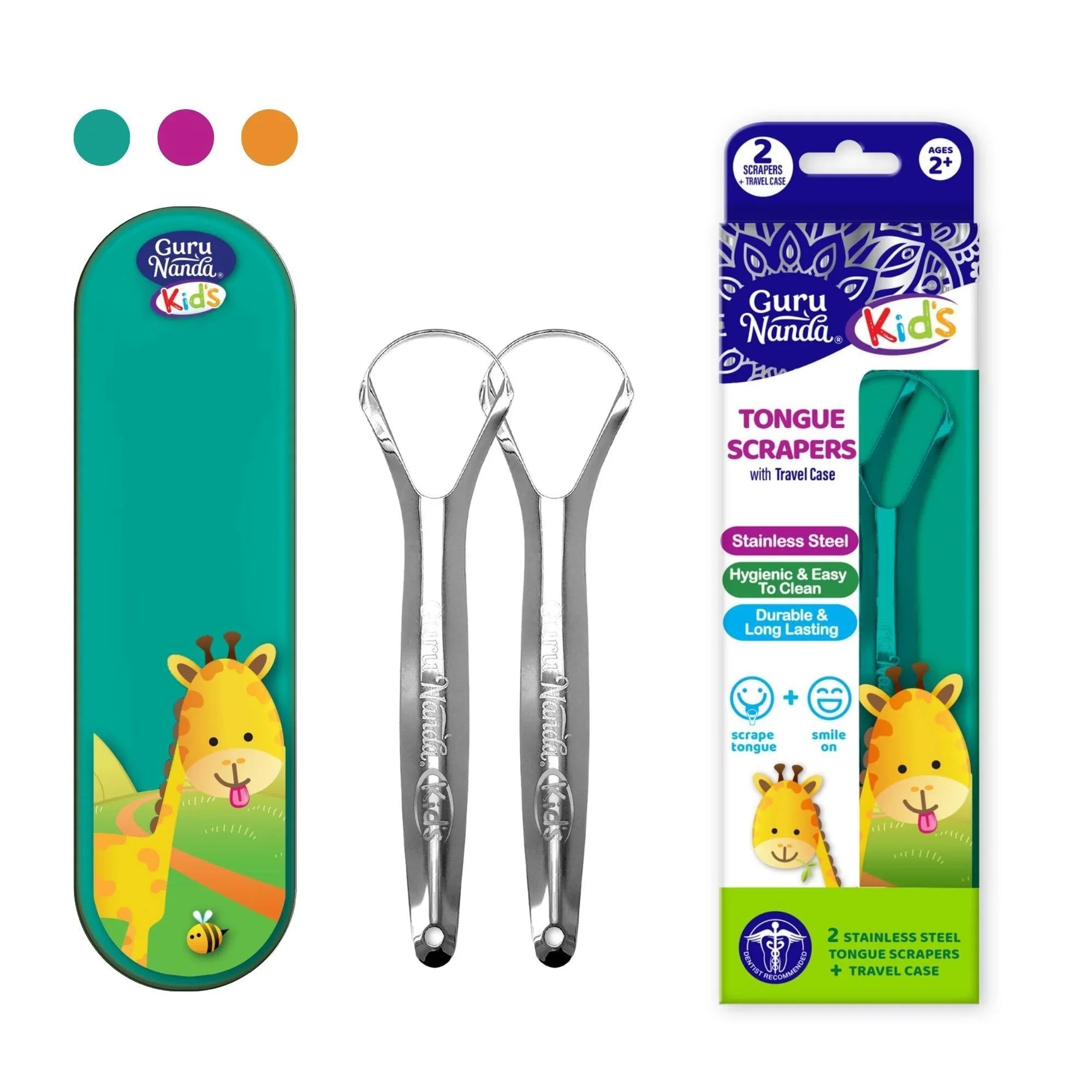 Kids Tongue Scraper (2-Pack) with Travel Case (color may vary) - GuruNanda